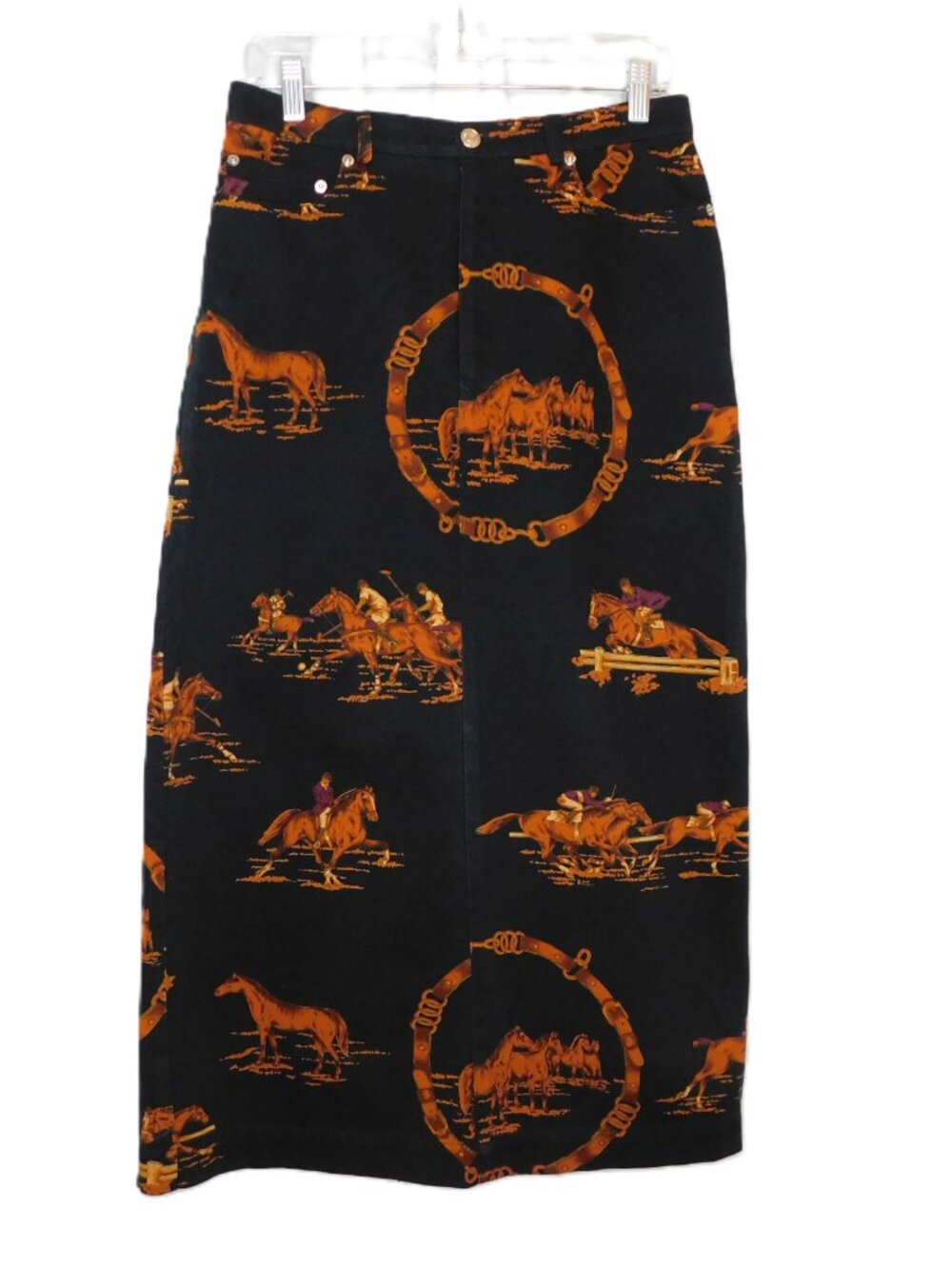 Ralph Lauren 1980s Black Denim Equestrian Print Long Skirt | Preppy | VGUC | 10